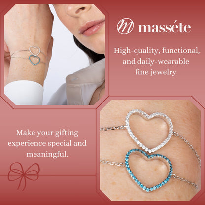 Sterling Silver Bracelet for Girls Large Open Heart with Simulated Diamonds 7.5" by Massete