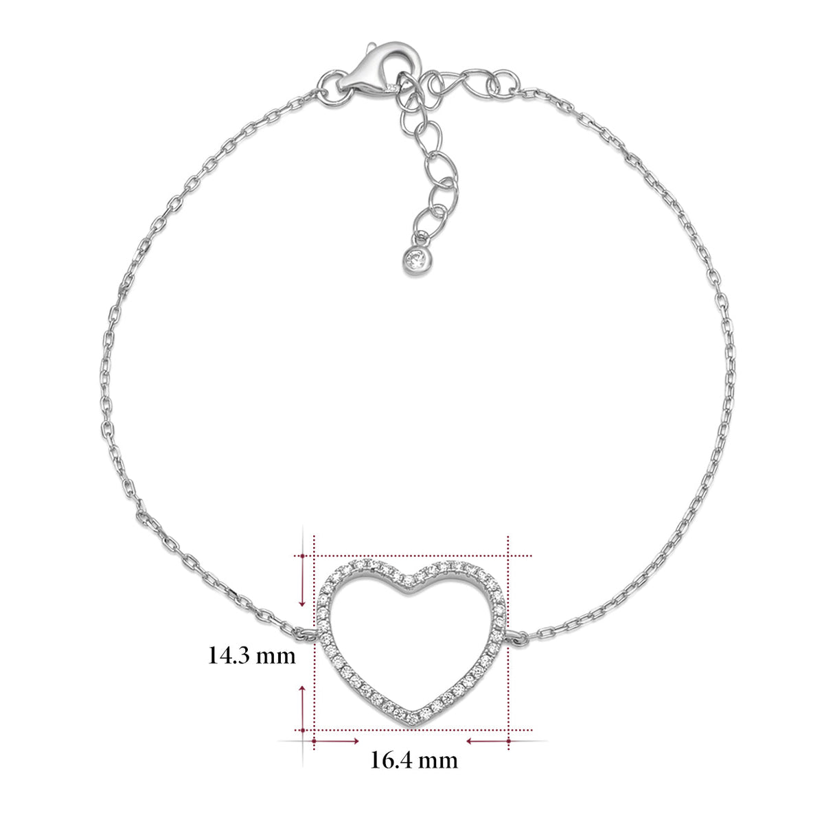 Sterling Silver Bracelet for Girls Large Open Heart with Simulated Diamonds 7.5" by Massete