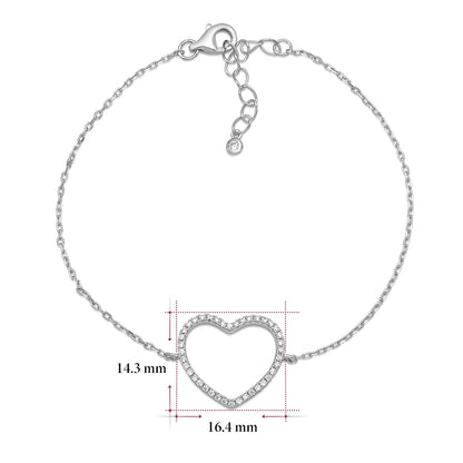 Sterling Silver Bracelet for Girls Large Open Heart with Simulated Diamonds 7.5" by Massete