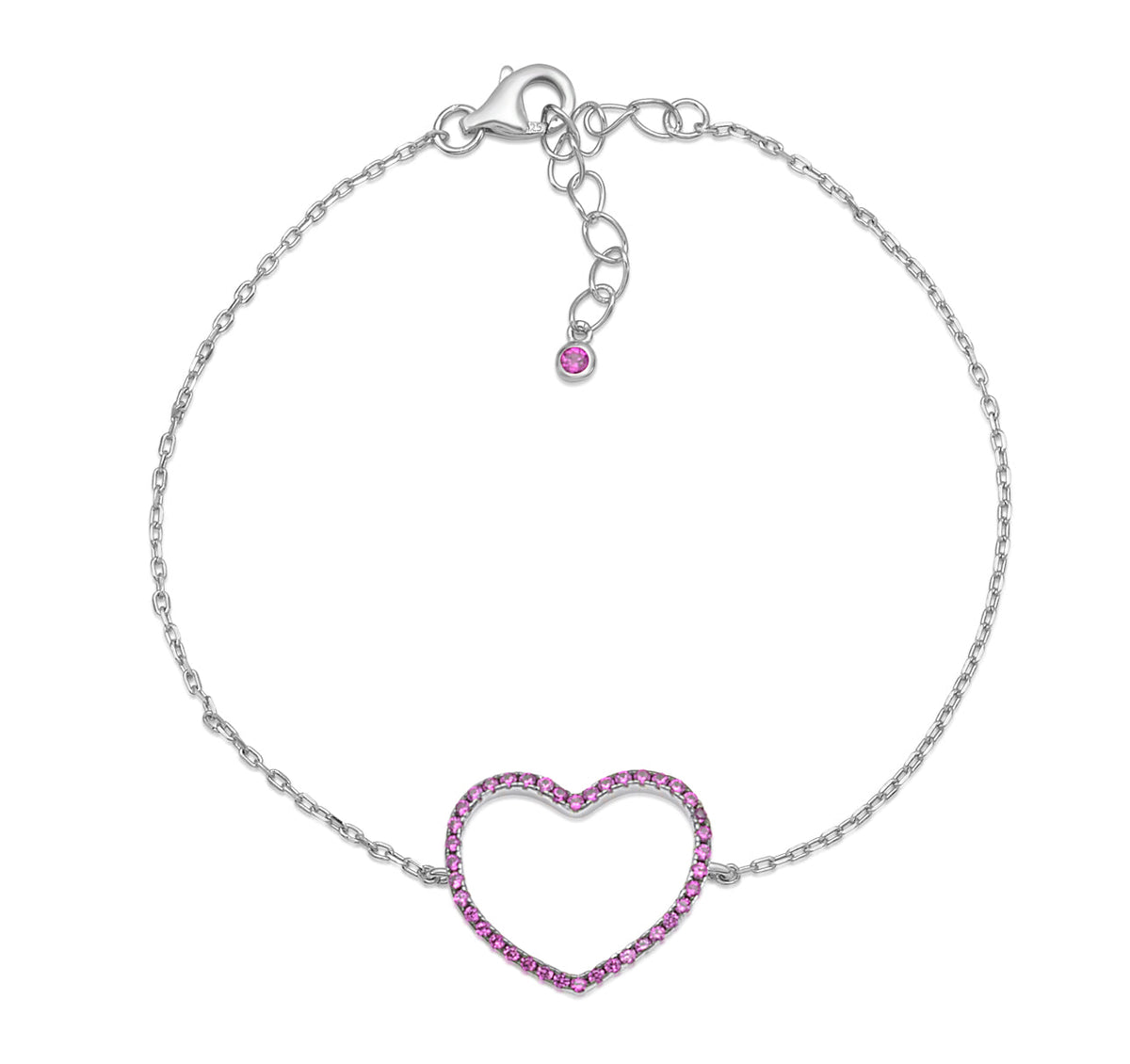 Sterling Silver Bracelet for Girls Large Open Heart with Simulated Diamonds 7.5" by Massete
