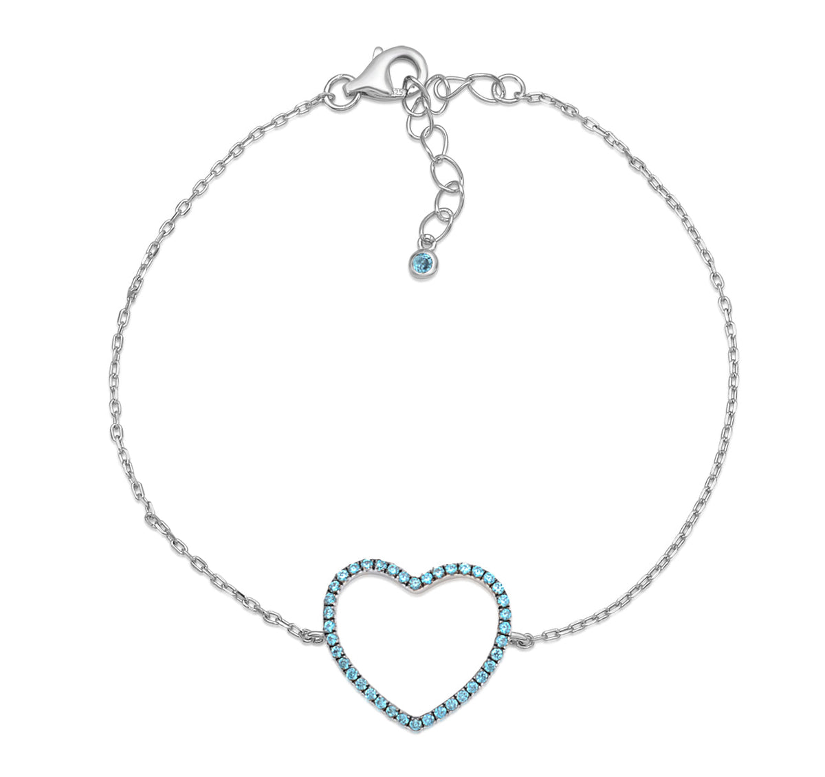 Sterling Silver Bracelet for Girls Large Open Heart with Simulated Diamonds 7.5" by Massete