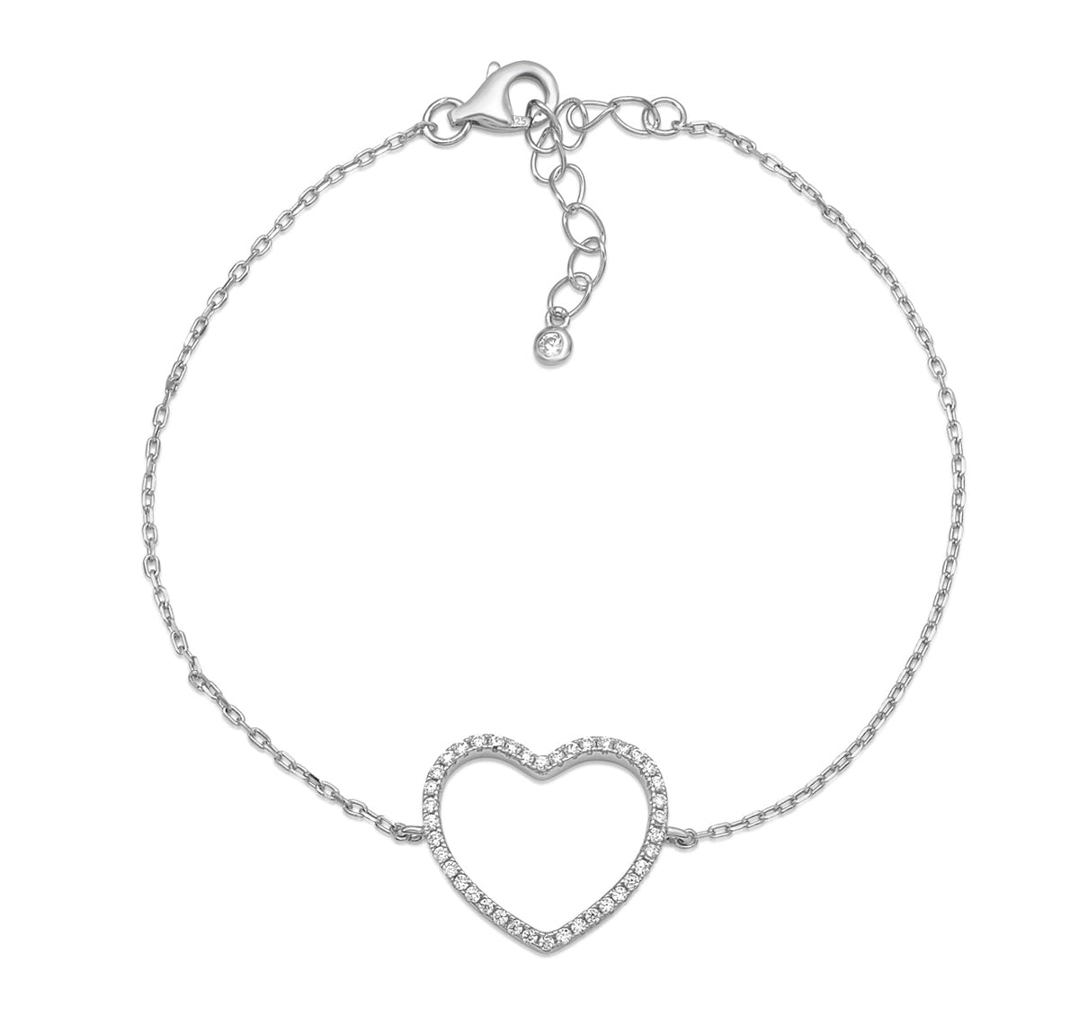 Sterling Silver Bracelet for Girls Large Open Heart with Simulated Diamonds 7.5" by Massete
