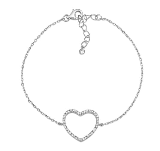 Sterling Silver Bracelet for Girls Large Open Heart with Simulated Diamonds 7.5" by Massete
