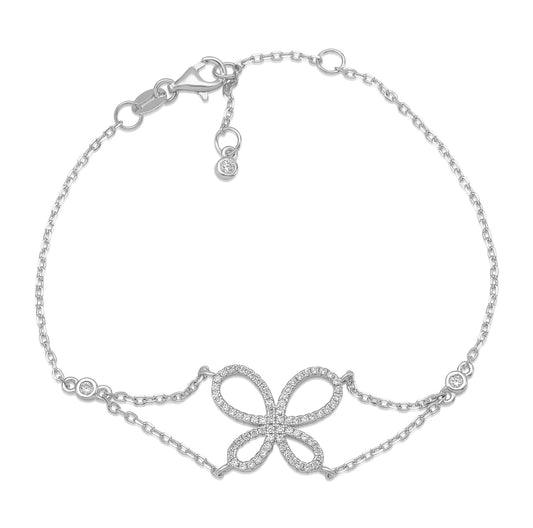 Sterling Silver Bracelet for Girls Large Open Butterfly Modern with Sparkly Simulated Diamonds 7.5" by Massete