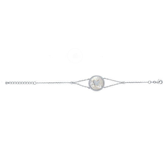 Sterling Silver Bracelet Butterfly in Circle Disc Mother of Pearl Simulated Diamonds Double Chain 7.5" by Massete