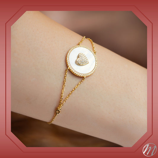 Sterling Silver Bracelet Heart in Circle Disc Mother of Pearl Simulated Diamonds Double Chain 7.5" by Massete