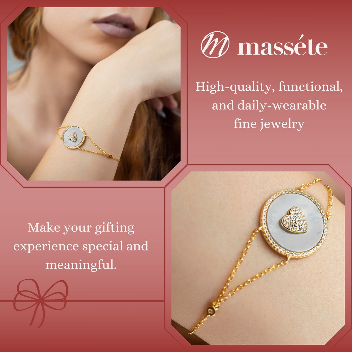Sterling Silver Bracelet Heart in Circle Disc Mother of Pearl Simulated Diamonds Double Chain 7.5" by Massete