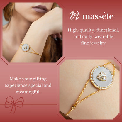 Sterling Silver Bracelet Heart in Circle Disc Mother of Pearl Simulated Diamonds Double Chain 7.5" by Massete