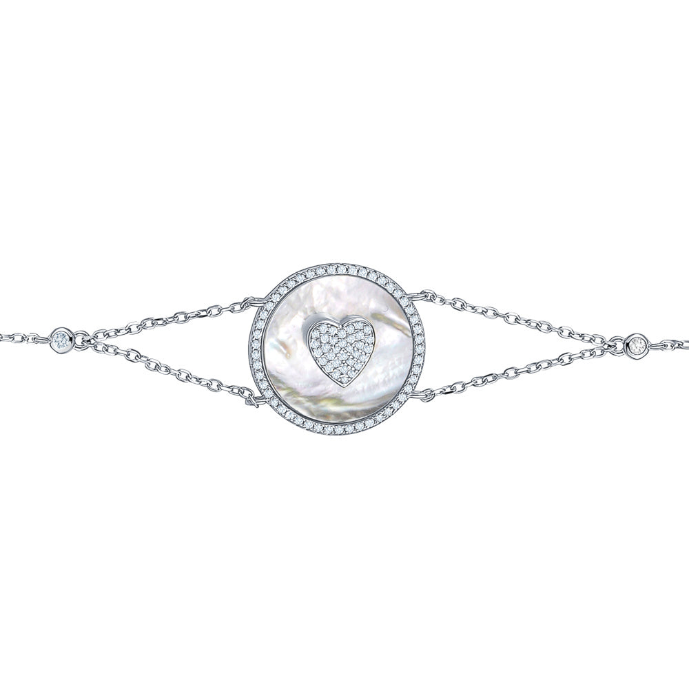 Sterling Silver Bracelet Heart in Circle Disc Mother of Pearl Simulated Diamonds Double Chain 7.5" by Massete