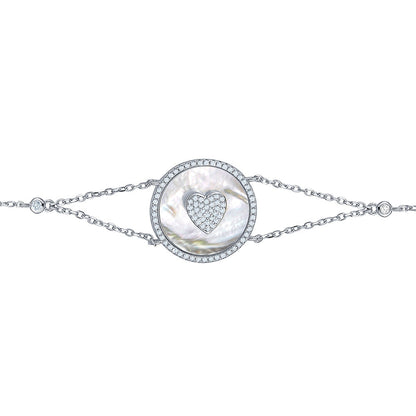 Sterling Silver Bracelet Heart in Circle Disc Mother of Pearl Simulated Diamonds Double Chain 7.5" by Massete