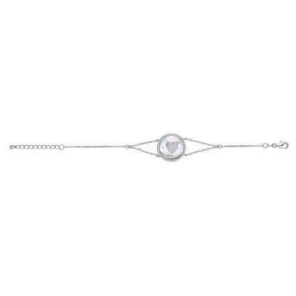 Sterling Silver Bracelet Heart in Circle Disc Mother of Pearl Simulated Diamonds Double Chain 7.5" by Massete