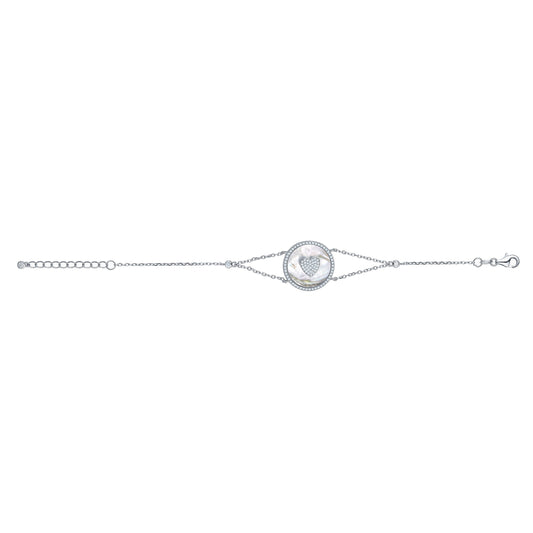 Sterling Silver Bracelet Heart in Circle Disc Mother of Pearl Simulated Diamonds Double Chain 7.5" by Massete