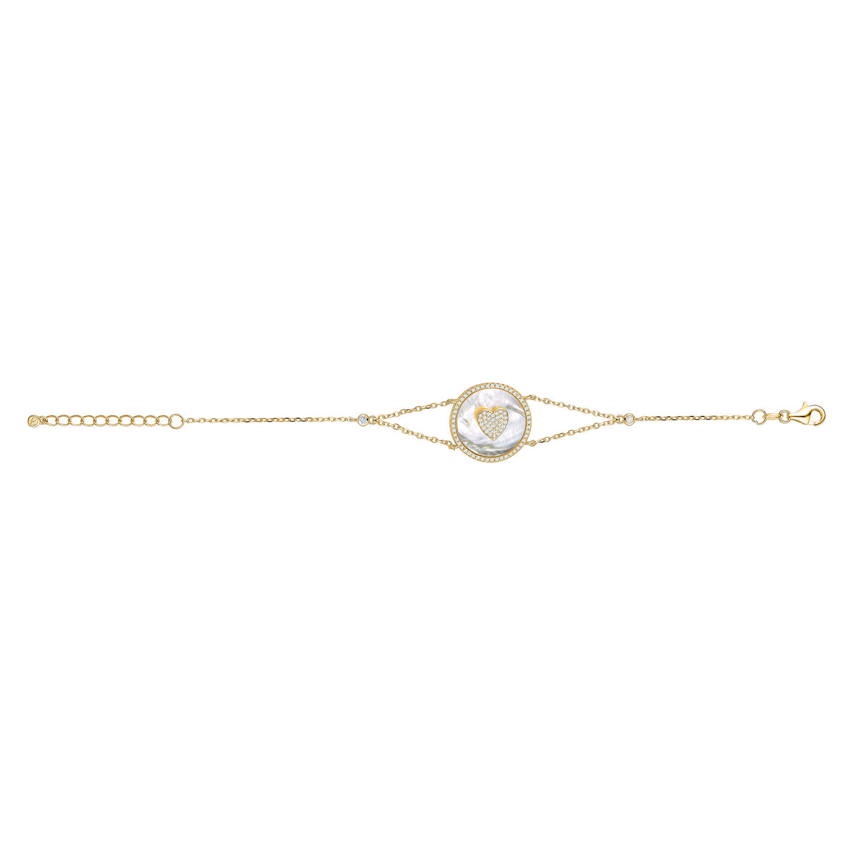 Sterling Silver Bracelet Heart in Circle Disc Mother of Pearl Simulated Diamonds Double Chain 7.5" by Massete