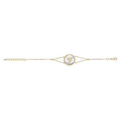 Sterling Silver Bracelet Heart in Circle Disc Mother of Pearl Simulated Diamonds Double Chain 7.5" by Massete