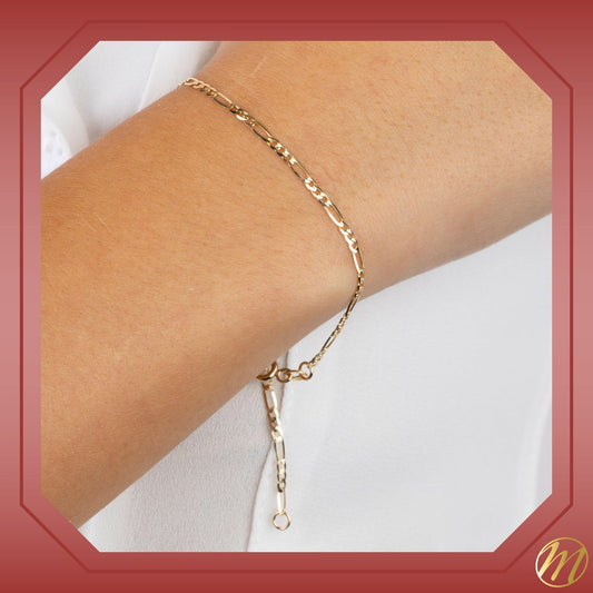 Massete 14k gold Figaro bracelet, 2mm, worn by a model, view 2