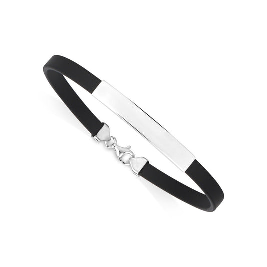 Sterling Silver 925 Engravable Bracelet Mens ID Bar Bracelet with Black Rubber Band 8 inches by Massete
