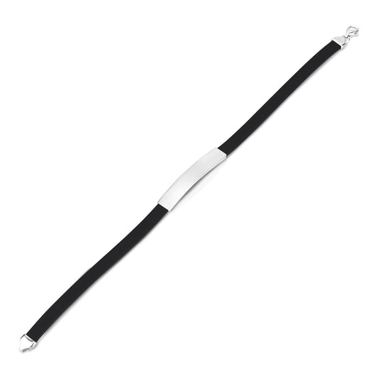 Sterling Silver 925 Engravable Bracelet Mens ID Bar Bracelet with Black Rubber Band 8 inches by Massete
