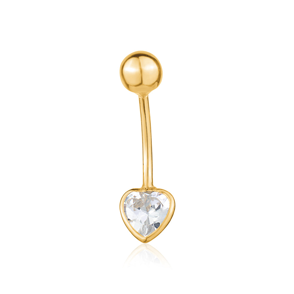 Heart Belly Ring 14k Yellow Gold Navel Ring Belly Button Ring 16 Gauge Simulated Diamond Gemstone Body Piercing Jewelry by Massete