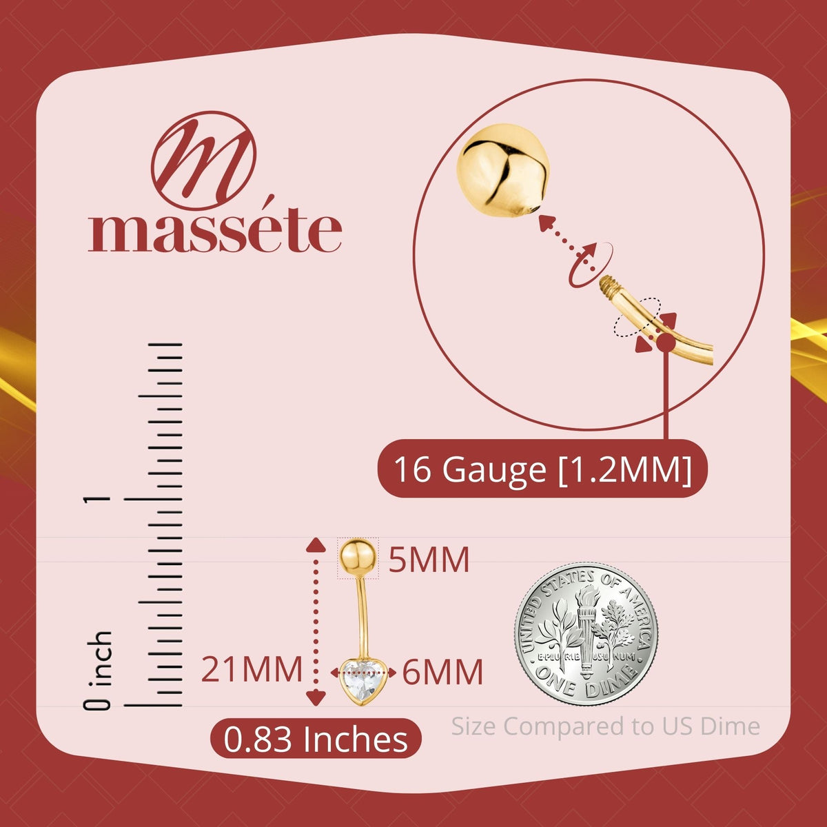 Heart Belly Ring 14k Yellow Gold Navel Ring Belly Button Ring 16 Gauge Simulated Diamond Gemstone Body Piercing Jewelry by Massete