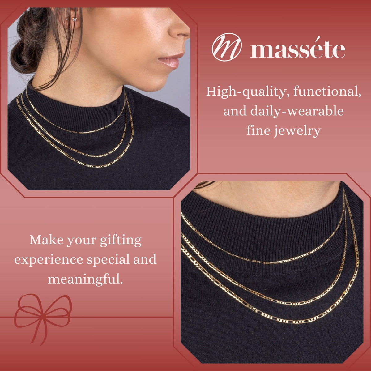 Massete 14k gold Figaro chain, 2mm, worn by a model, view 3