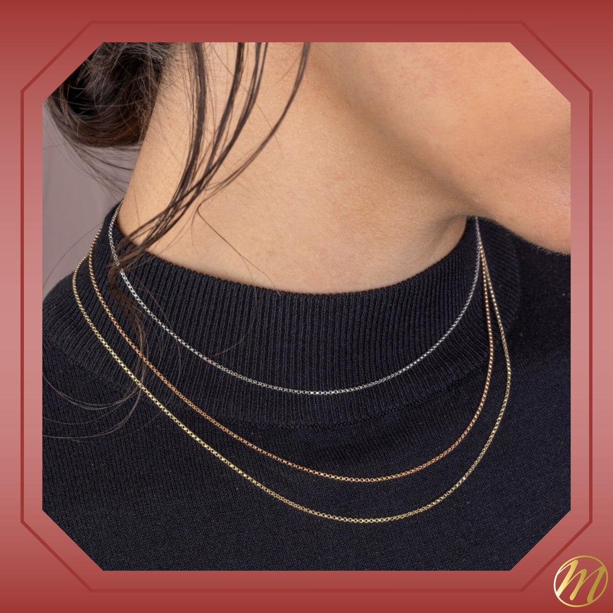 Massete 14k gold rolo chain, 1mm, worn by a model, view 2