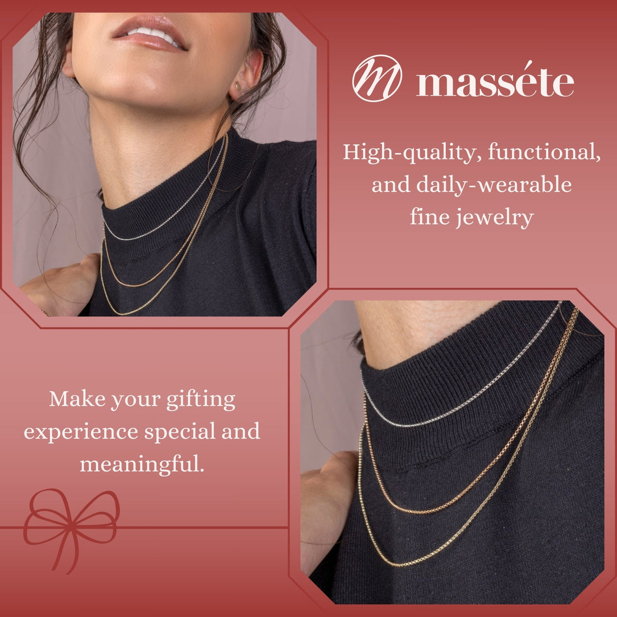 Massete 14k gold rolo chain, 1mm, worn by a model, view 3