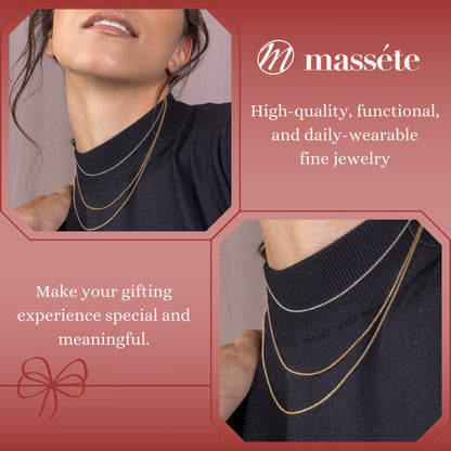 Massete 14k gold rolo chain, 1mm, worn by a model, view 3