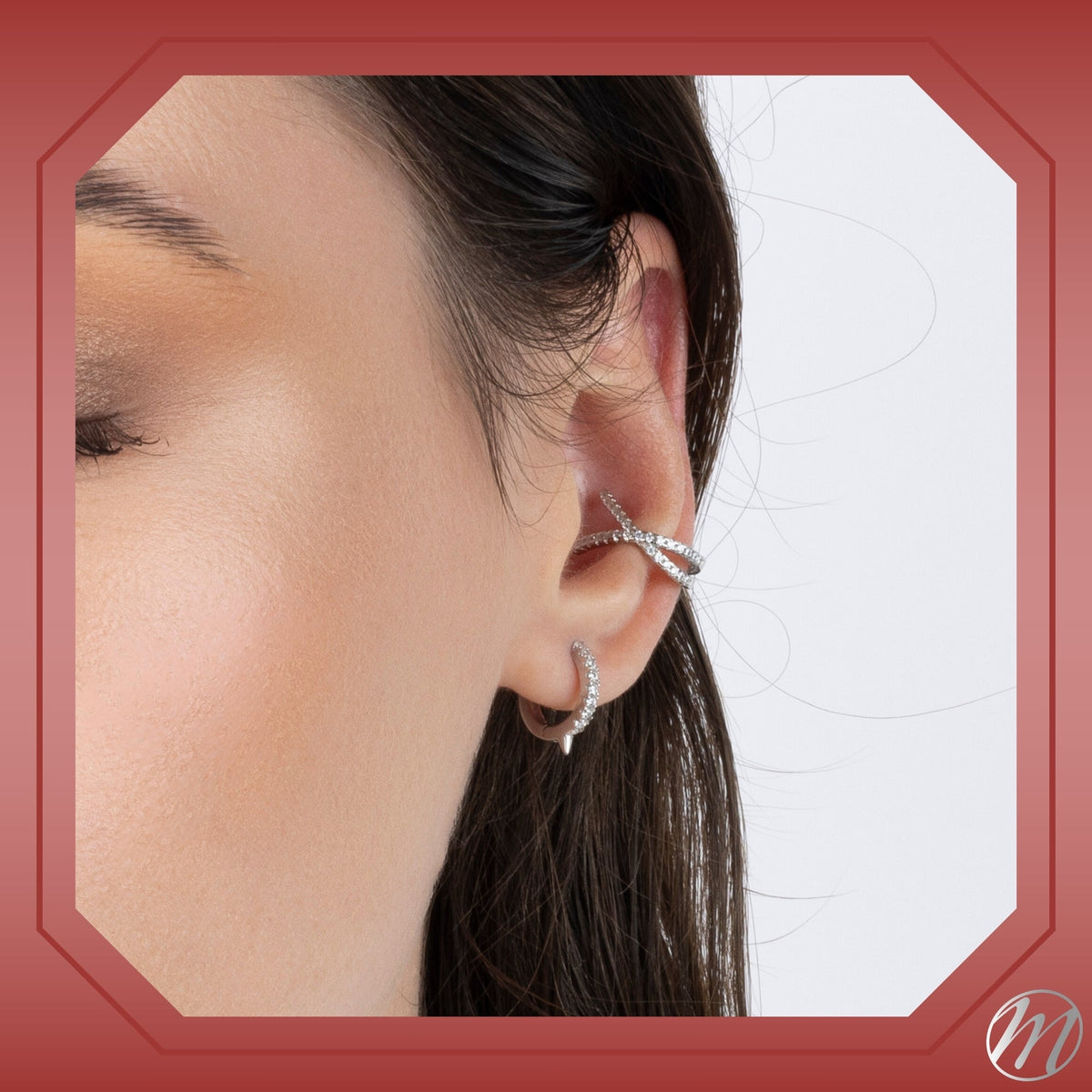 Sterling Silver Faux Conch Hoop Earrings Criss Cross with Simulated Diamonds Cartilage Ear Cuff for Non Pierced Ears by Massete