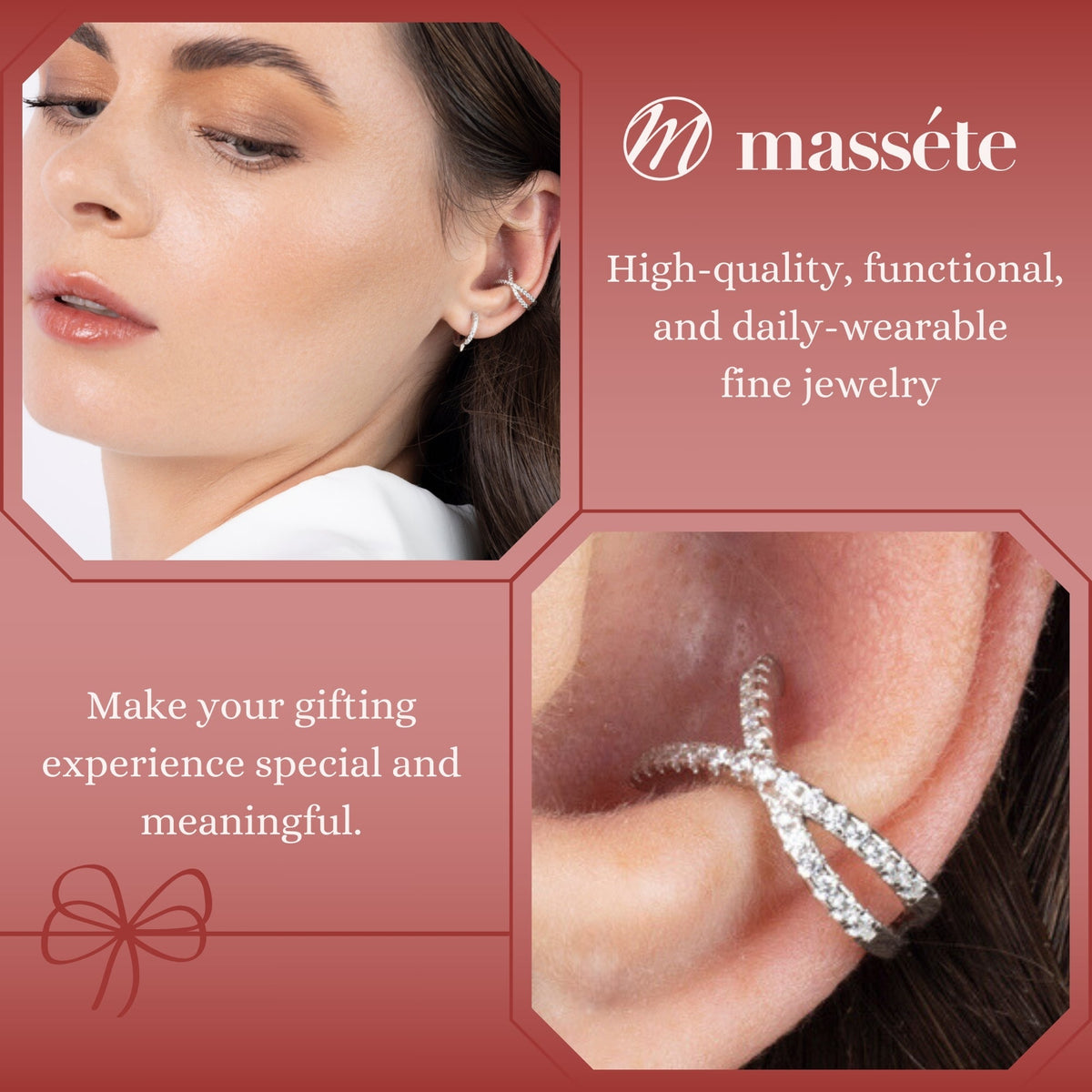 Sterling Silver Faux Conch Hoop Earrings Criss Cross with Simulated Diamonds Cartilage Ear Cuff for Non Pierced Ears by Massete