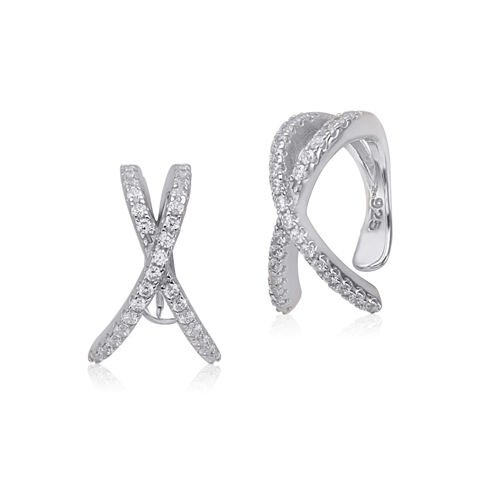 Sterling Silver Faux Conch Hoop Earrings Criss Cross with Simulated Diamonds Cartilage Ear Cuff for Non Pierced Ears by Massete