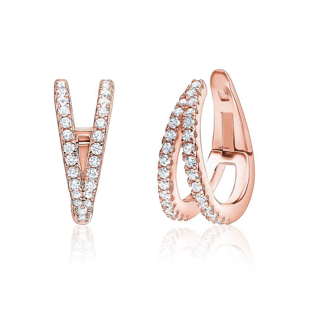 Sterling Silver Double Conch Huggie Hoop Earrings Tapered Double Row Simulated Diamonds Cartilage Ear Cuff for Non Pierced Ears Hinged by Massete