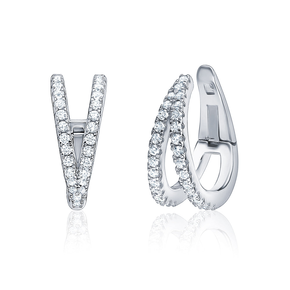 Sterling Silver Double Conch Huggie Hoop Earrings Tapered Double Row Simulated Diamonds Cartilage Ear Cuff for Non Pierced Ears Hinged by Massete