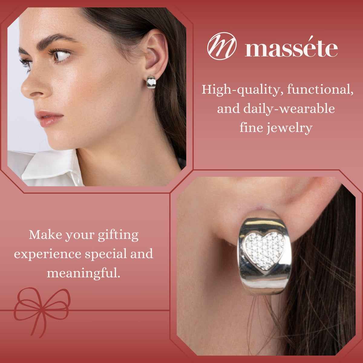 Sterling Silver Wide Hoop Huggie Earrings Simulated Diamonds Heart Polished Shiny French Clip by Massete