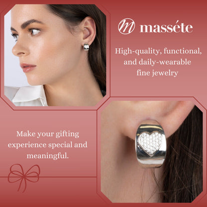 Sterling Silver Wide Hoop Huggie Earrings Simulated Diamonds Heart Polished Shiny French Clip by Massete