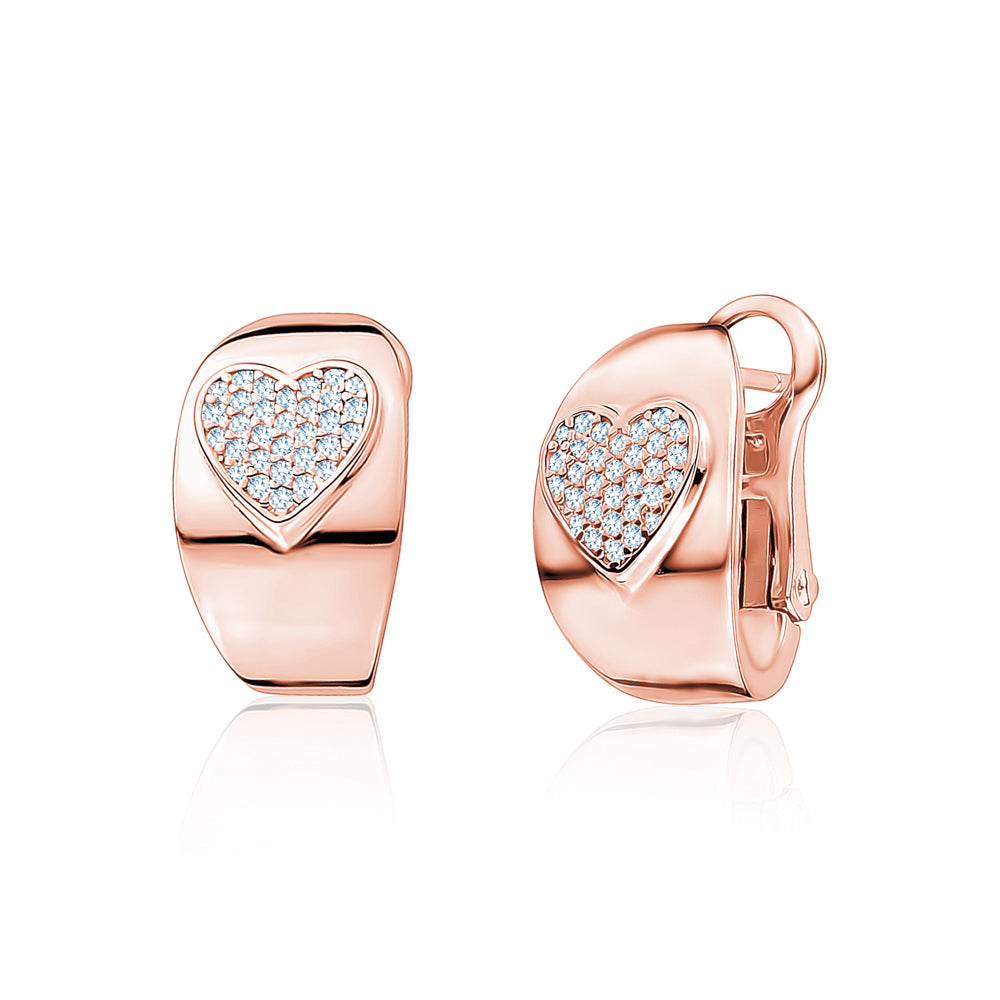 Sterling Silver Wide Hoop Huggie Earrings Simulated Diamonds Heart Polished Shiny French Clip by Massete