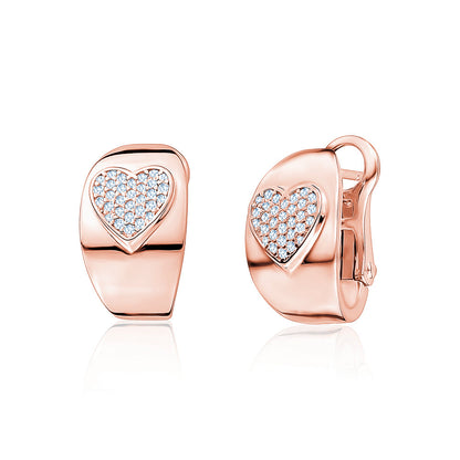 Sterling Silver Wide Hoop Huggie Earrings Simulated Diamonds Heart Polished Shiny French Clip by Massete