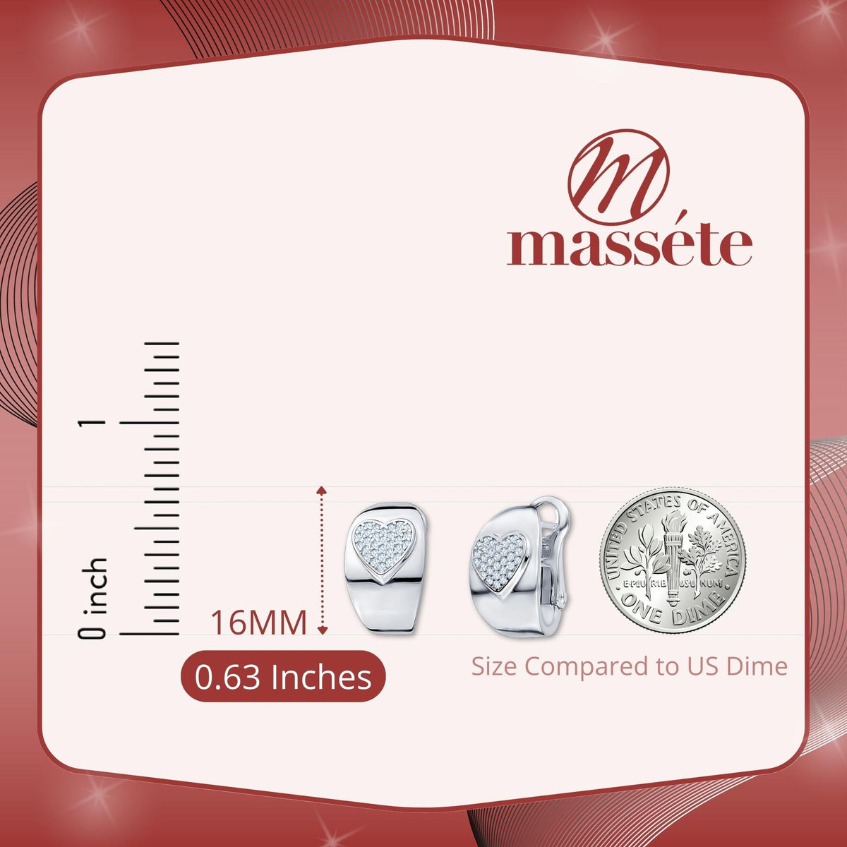 Sterling Silver Wide Hoop Huggie Earrings Simulated Diamonds Heart Polished Shiny French Clip by Massete