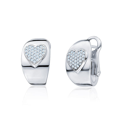 Sterling Silver Wide Hoop Huggie Earrings Simulated Diamonds Heart Polished Shiny French Clip by Massete