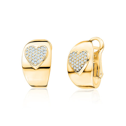Sterling Silver Wide Hoop Huggie Earrings Simulated Diamonds Heart Polished Shiny French Clip by Massete