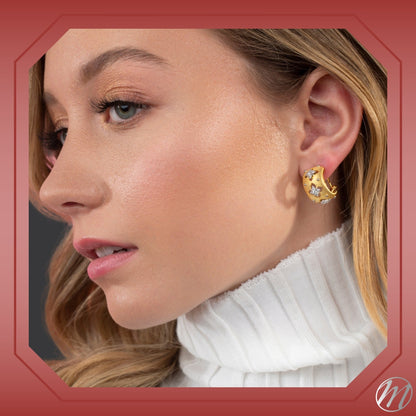 Sterling Silver Wide Hoop Earrings Simulated Diamonds Yellow Gold Plated Satin Designer Inspired French Clip by Massete