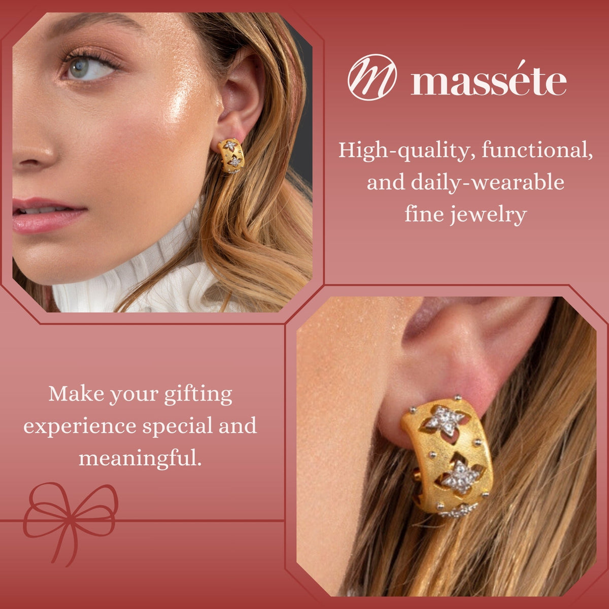 Sterling Silver Wide Hoop Earrings Simulated Diamonds Yellow Gold Plated Satin Designer Inspired French Clip by Massete