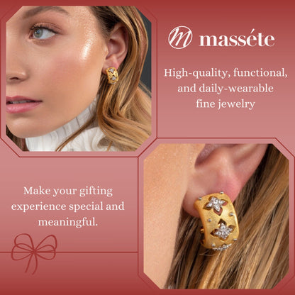 Sterling Silver Wide Hoop Earrings Simulated Diamonds Yellow Gold Plated Satin Designer Inspired French Clip by Massete