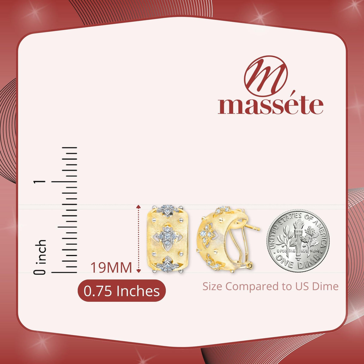 Sterling Silver Wide Hoop Earrings Simulated Diamonds Yellow Gold Plated Satin Designer Inspired French Clip by Massete