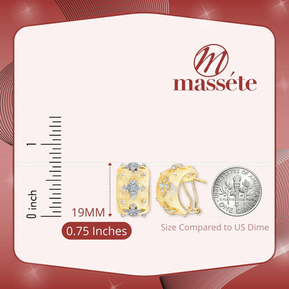 Sterling Silver Wide Hoop Earrings Simulated Diamonds Yellow Gold Plated Satin Designer Inspired French Clip by Massete