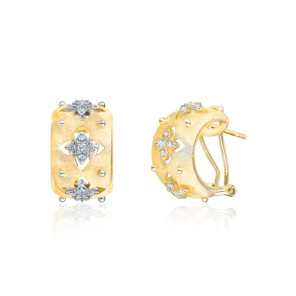Sterling Silver Wide Hoop Earrings Simulated Diamonds Yellow Gold Plated Satin Designer Inspired French Clip by Massete