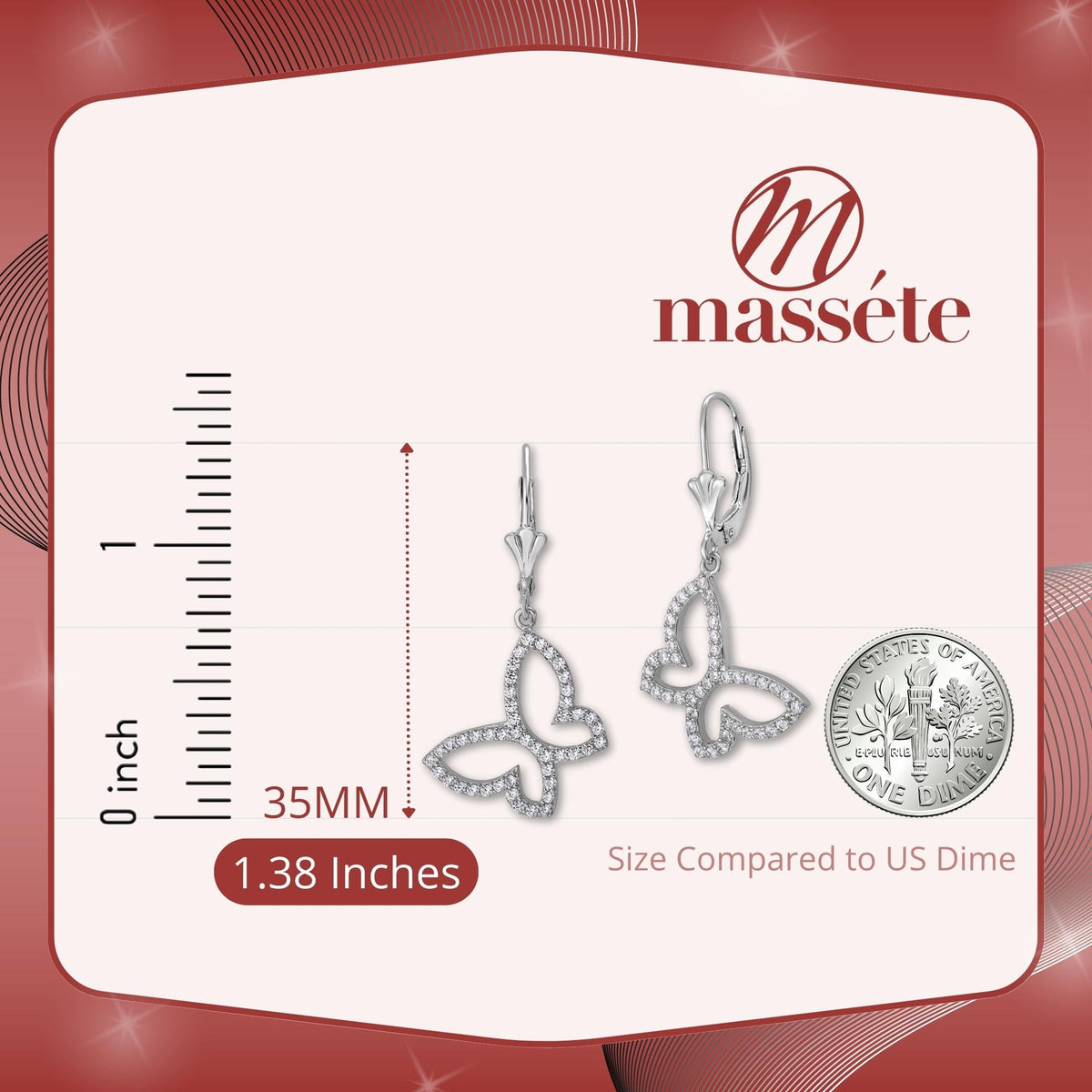 Sterling Silver 925 Pave CZ Large Butterfly Outline Leverback Earrings Dangle by Massete