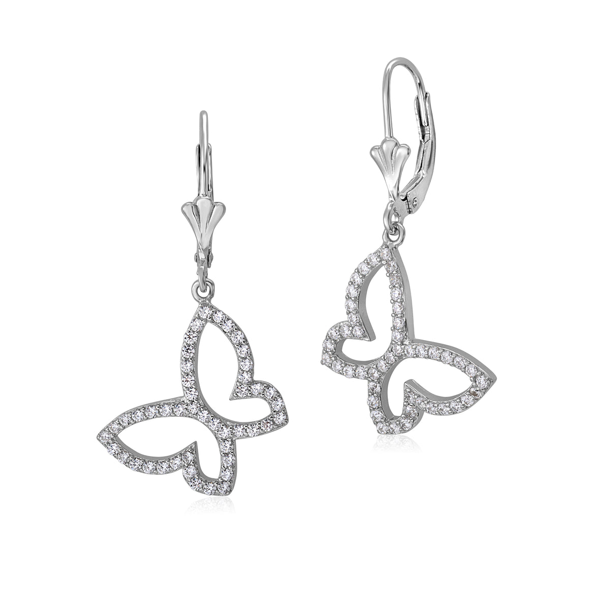 Sterling Silver 925 Pave CZ Large Butterfly Outline Leverback Earrings Dangle by Massete