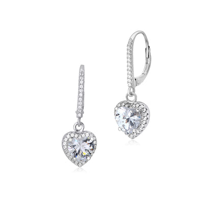 Sterling Silver 925 Simulated Diamond Heart Halo Leverback Earrings Dangle by Massete