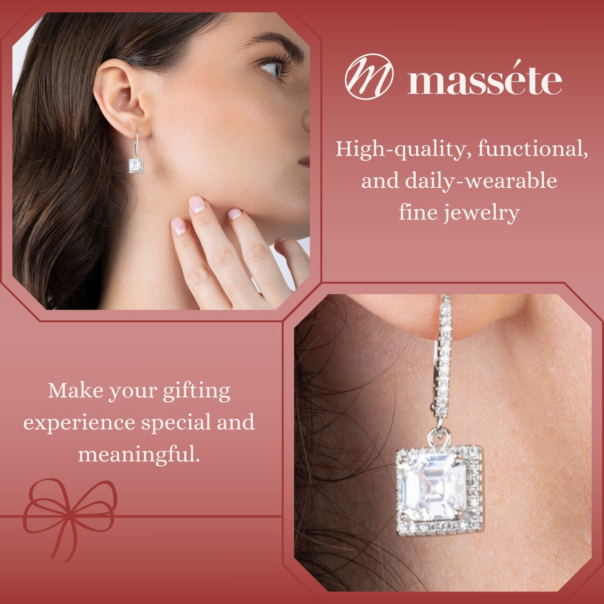 Sterling Silver 925 Simulated Diamond Square Asscher Cut Halo Leverback Earrings Dangle by Massete