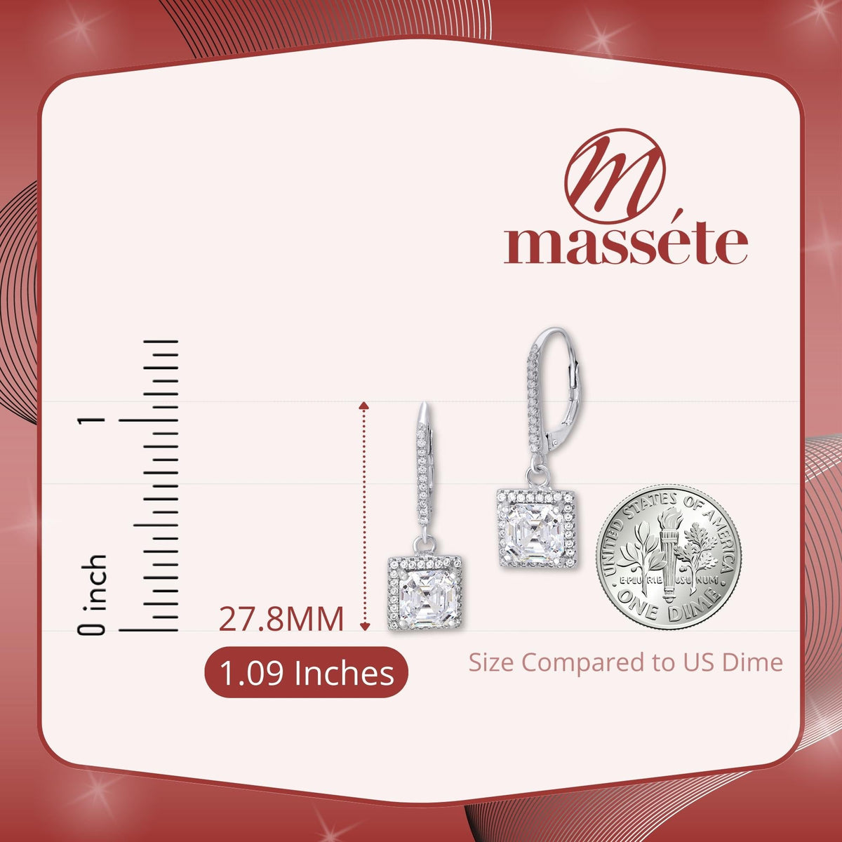 Sterling Silver 925 Simulated Diamond Square Asscher Cut Halo Leverback Earrings Dangle by Massete